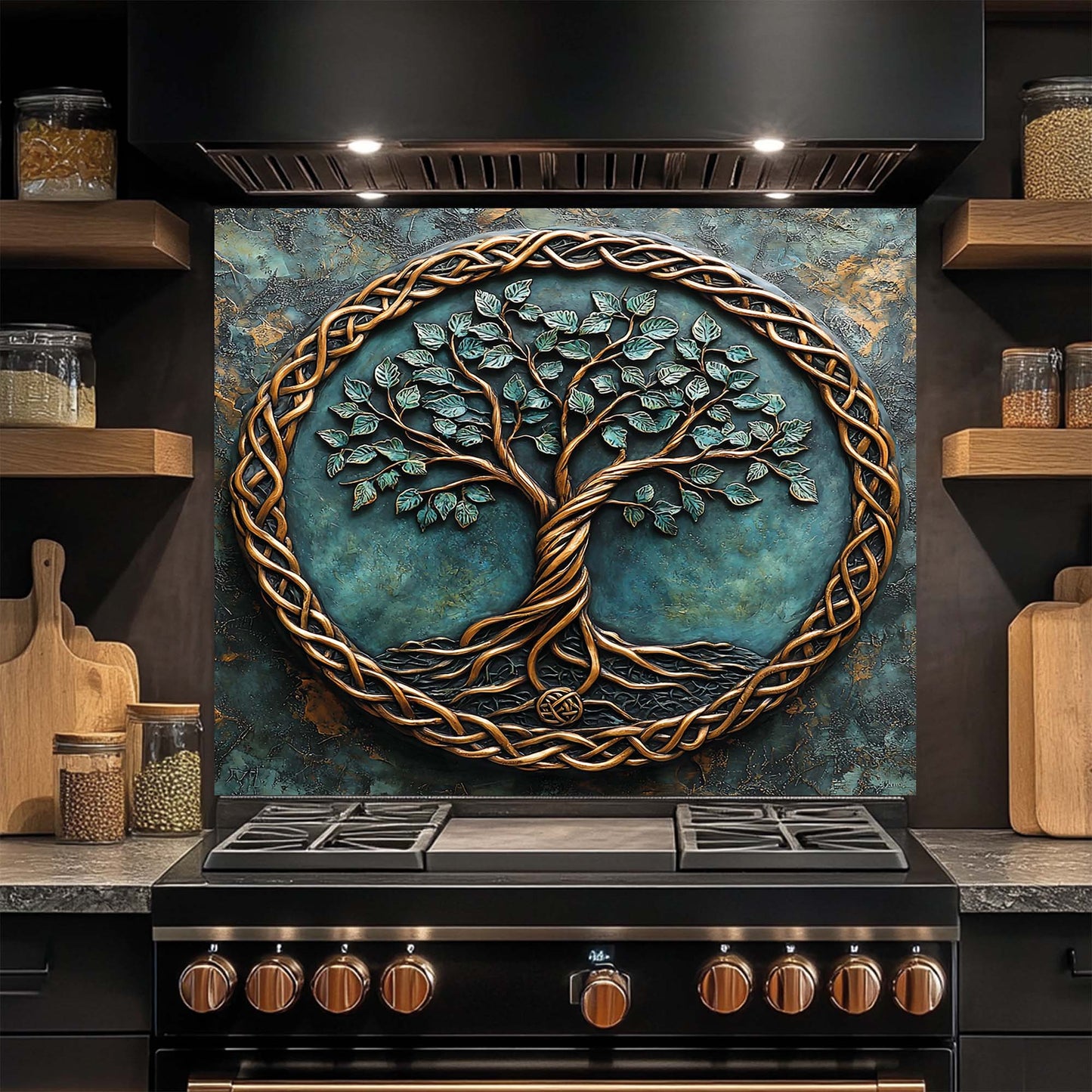 Decorative glass backsplash with a tree design above a stove in a kitchen setting.
