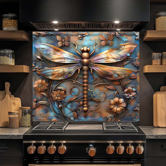 Decorative glass backsplash with a dragonfly design in a kitchen setting