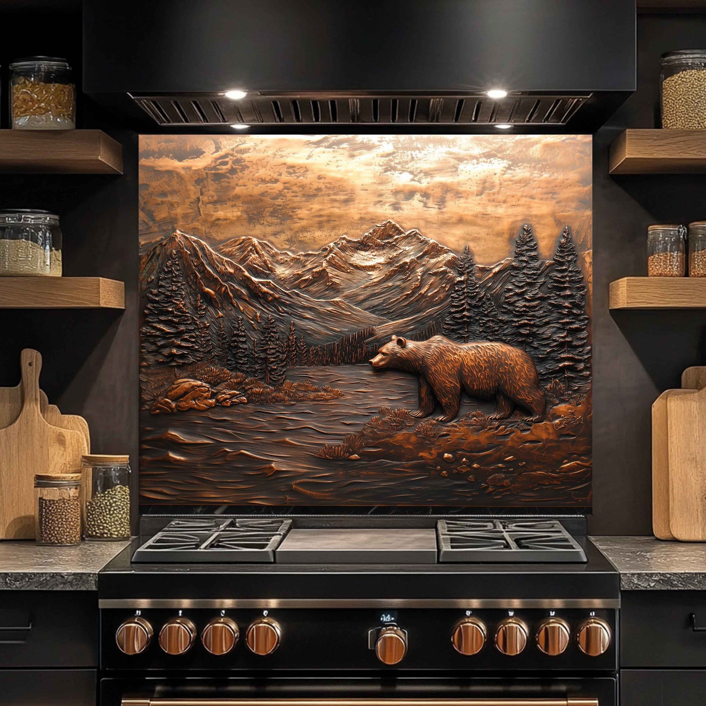 Stainless steel stove with decorative mountain and bear backsplash in a kitchen setting