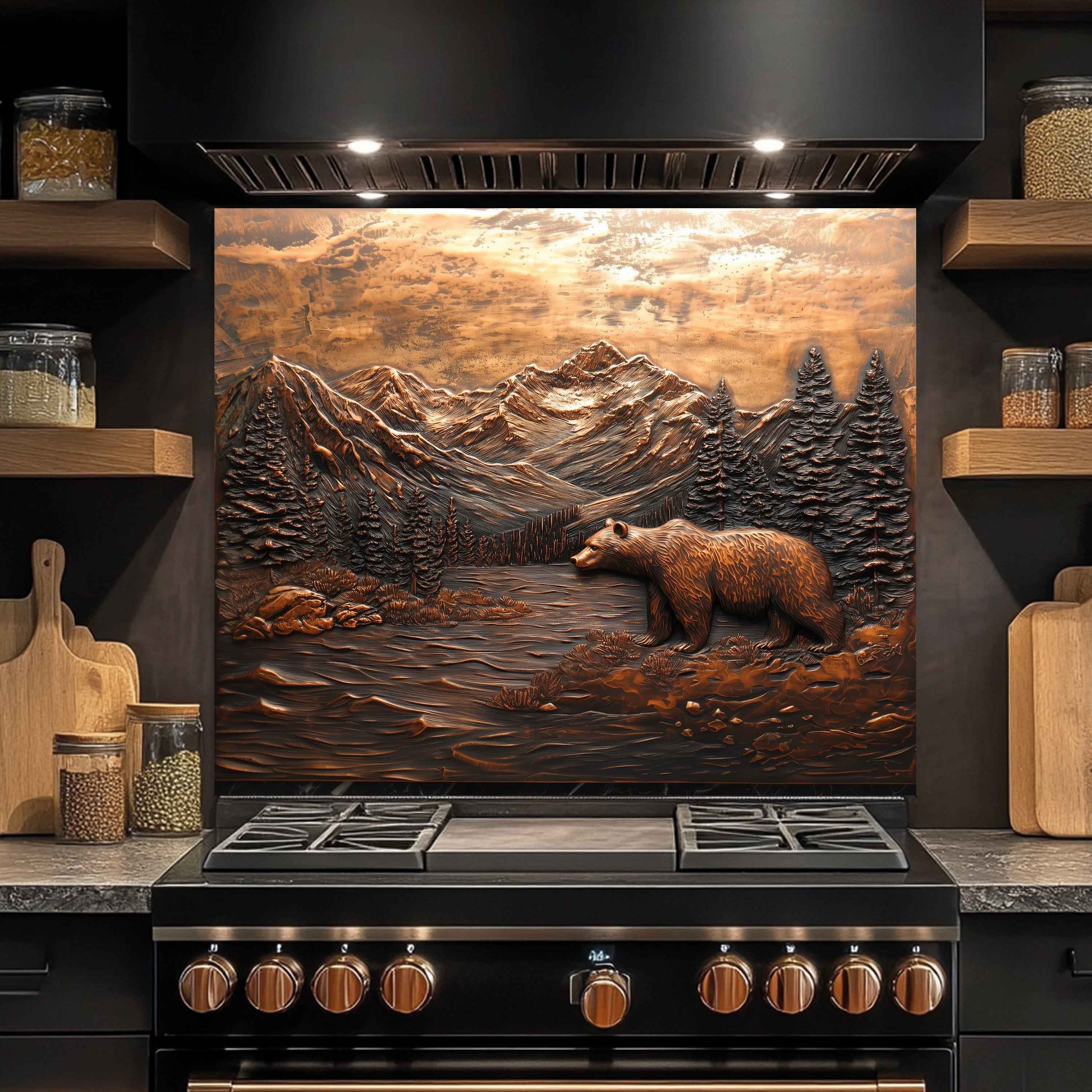 Stainless steel stove with decorative mountain and bear backsplash in a kitchen setting