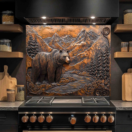 Stainless steel stove with decorative wall art of a bear and mountains in a kitchen setting.