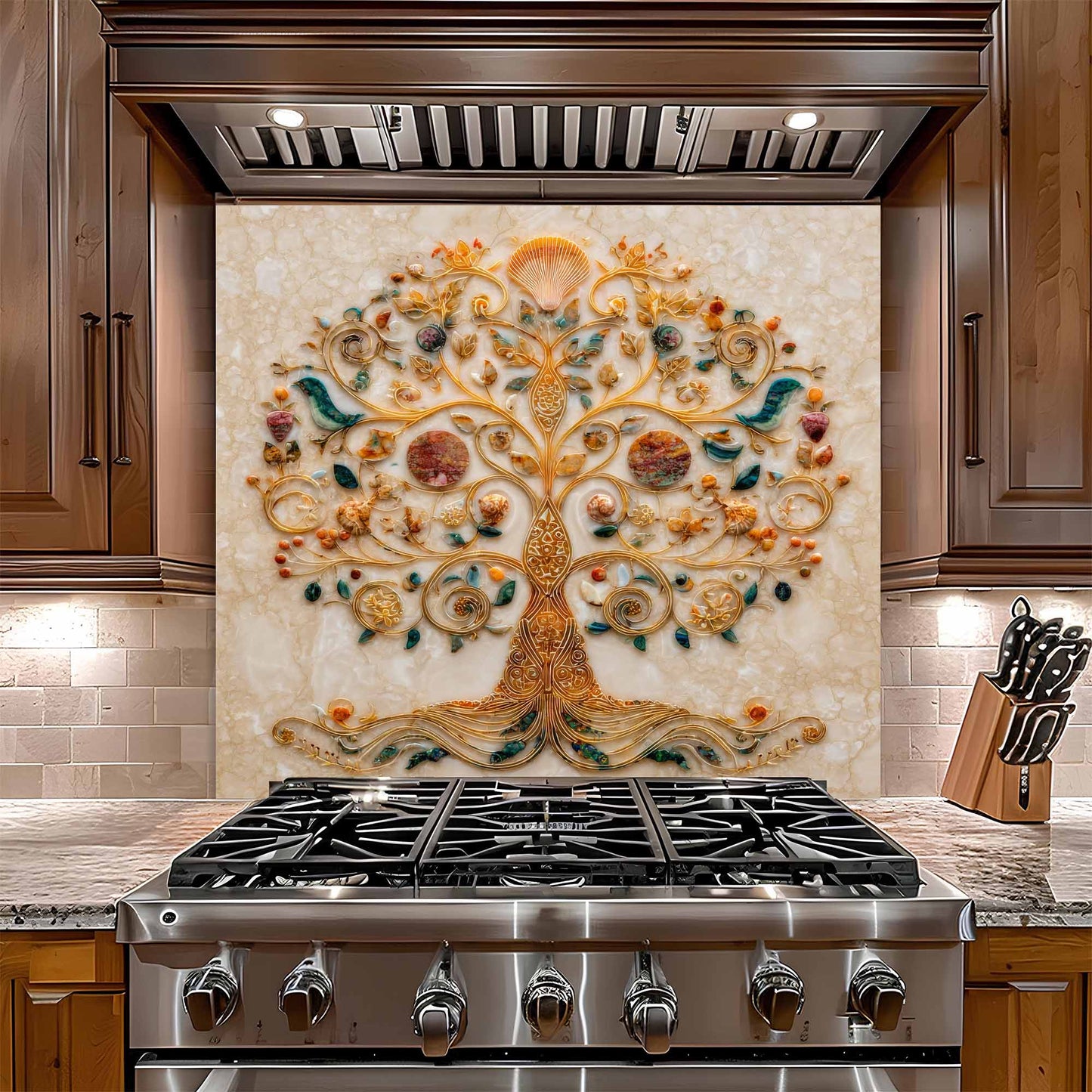 Stainless steel gas stove with decorative glass backsplash featuring a tree design in a kitchen setting.
