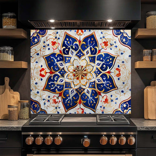 Decorative glass backsplash with intricate blue and white pattern above a stove in a kitchen.