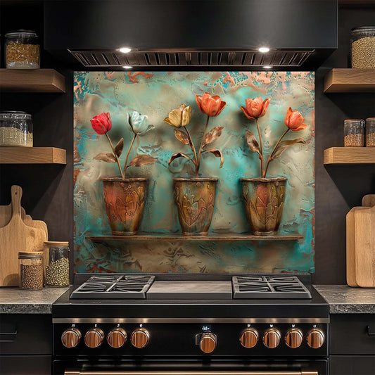 Decorative glass backsplash with floral design above a stove in a kitchen.