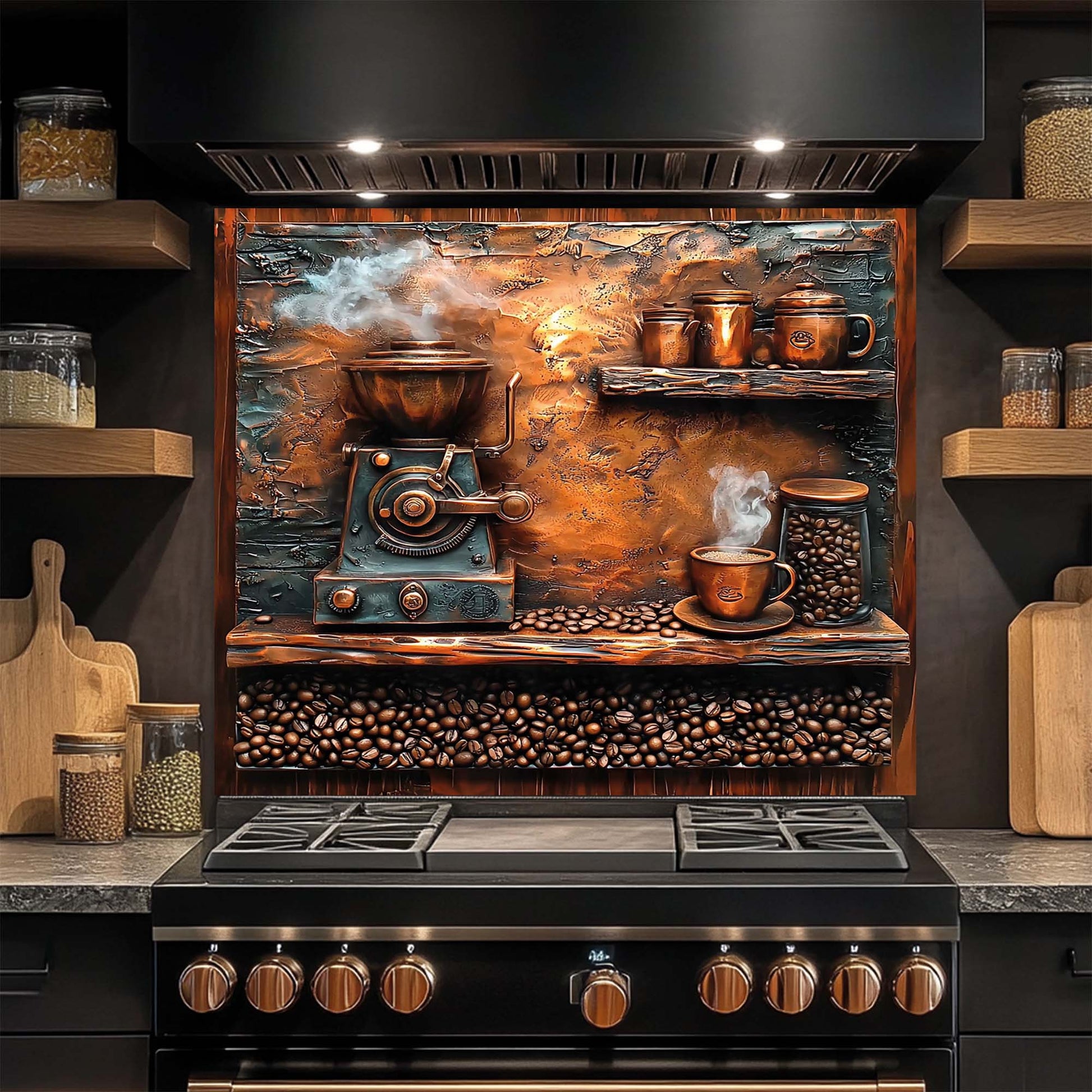 Stovetop with decorative coffee-themed glass backsplash in a kitchen setting