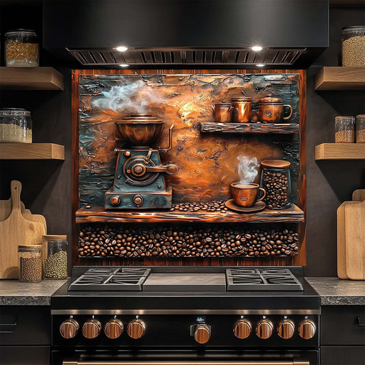 Stovetop with decorative coffee-themed glass backsplash in a kitchen setting