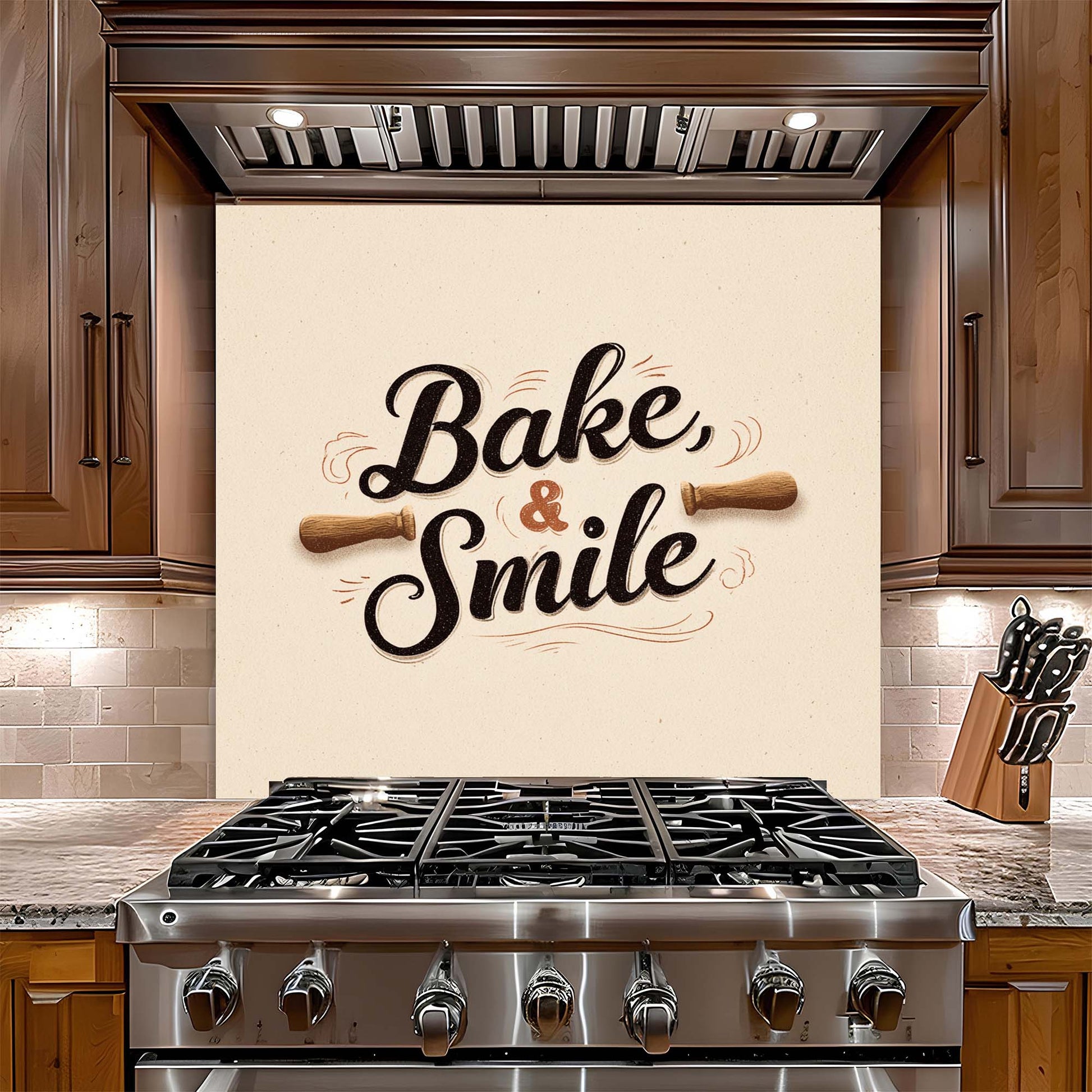 Stainless steel oven with 'Bake & Smile' decorative glass backsplash in a kitchen setting.