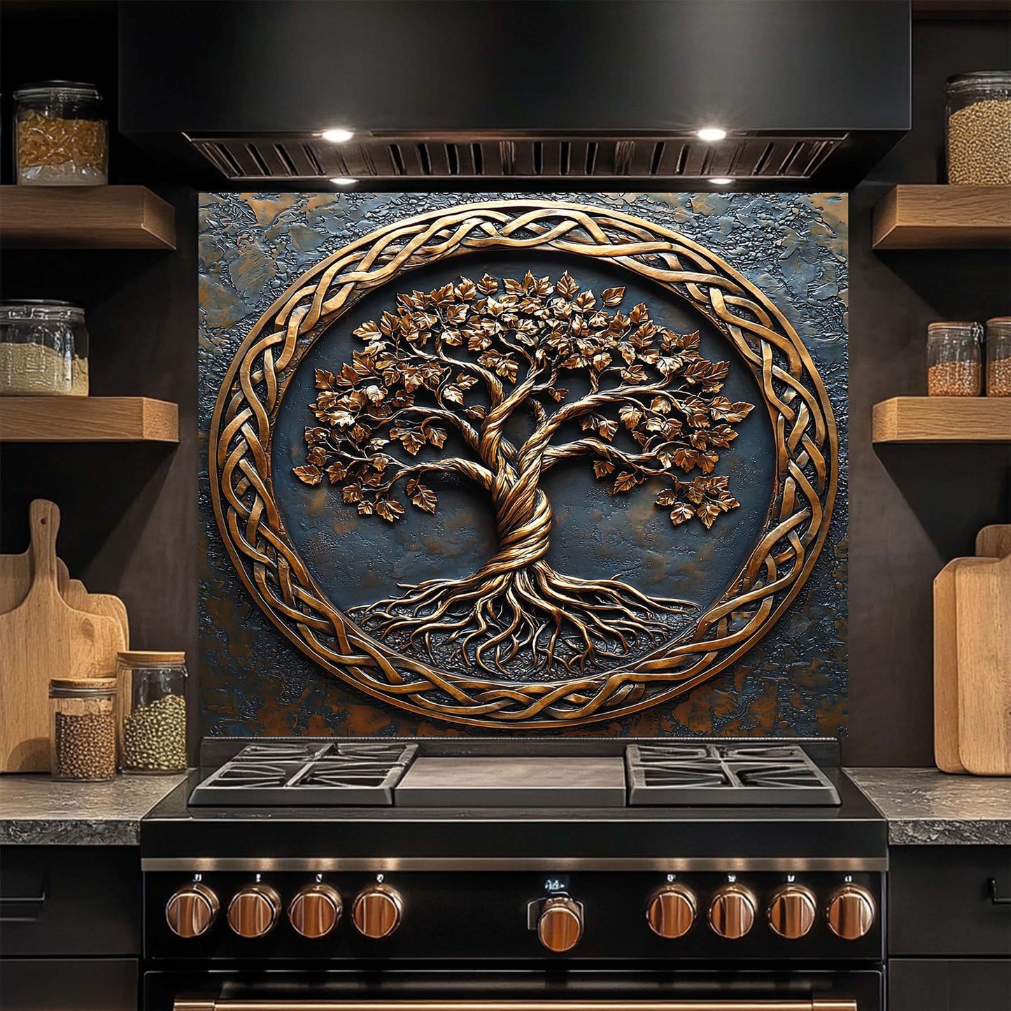 Decorative glass backsplash with a tree design above a stove in a kitchen setting.