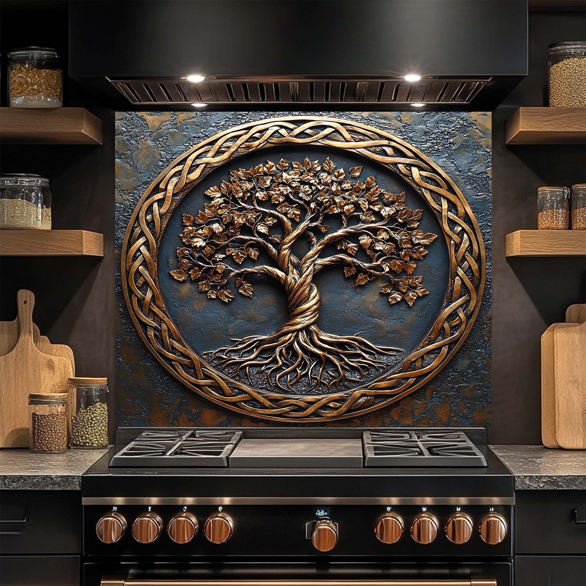 Decorative glass backsplash with a tree design above a stove in a kitchen setting.