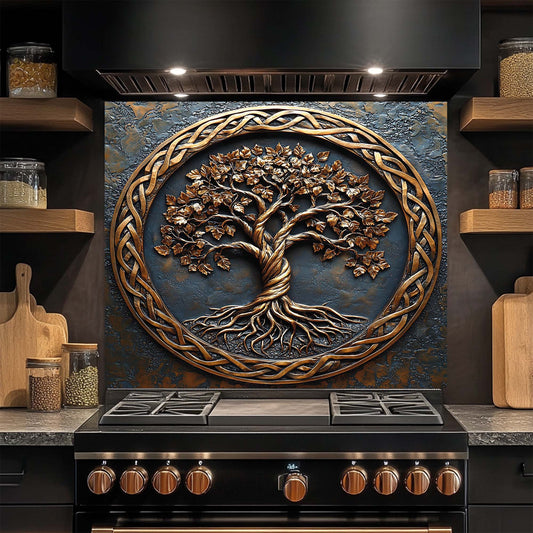 Decorative glass backsplash with a tree design above a stove in a kitchen setting.