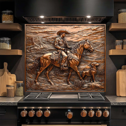 Western copper kitchen glass backsplash with cowboy on horse and dog in desert landscape