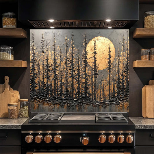 Kitchen stove with a decorative glass backsplash featuring a forest and moon design.