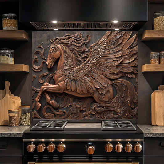 Decorative glass backsplash with a winged horse design above a stove in a kitchen.