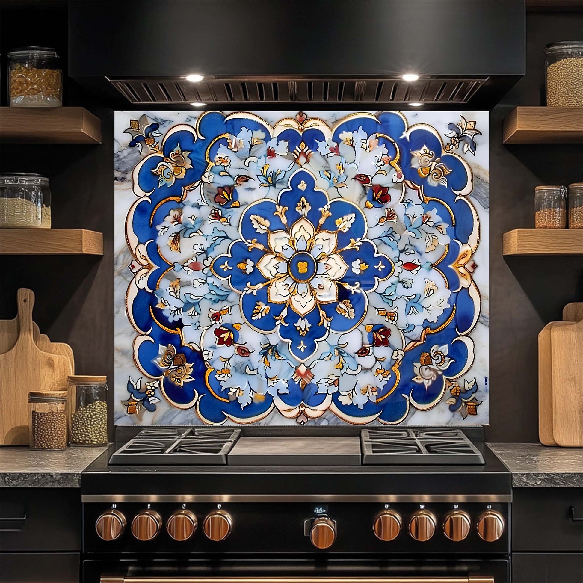 Decorative glass backsplash with intricate blue and white pattern above a black stove in a kitchen.