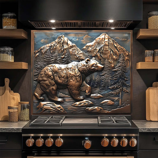 Stainless steel stove with decorative bear and mountain design glass backsplash above it in a kitchen setting.