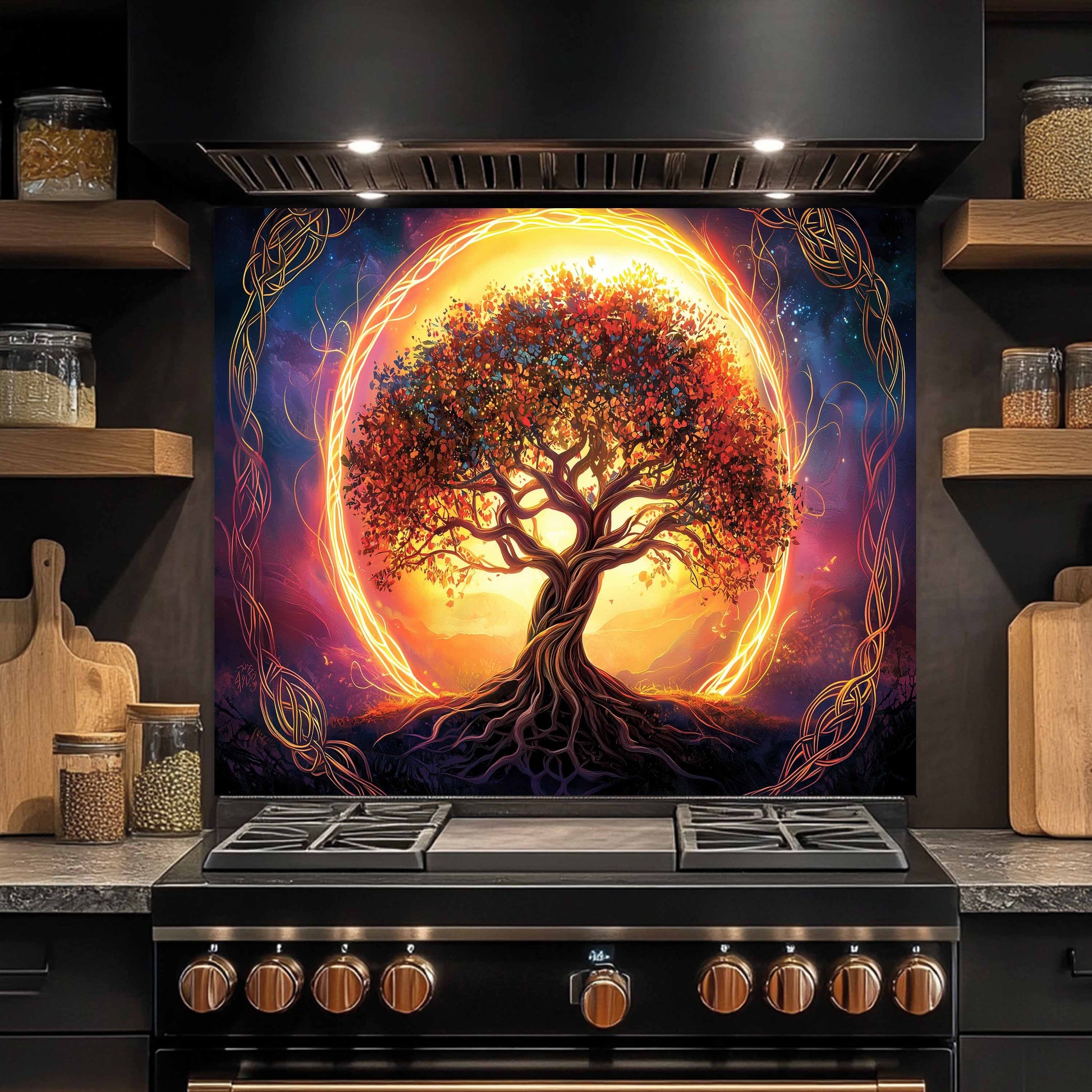 Decorative backsplash with a tree design in a modern kitchen
