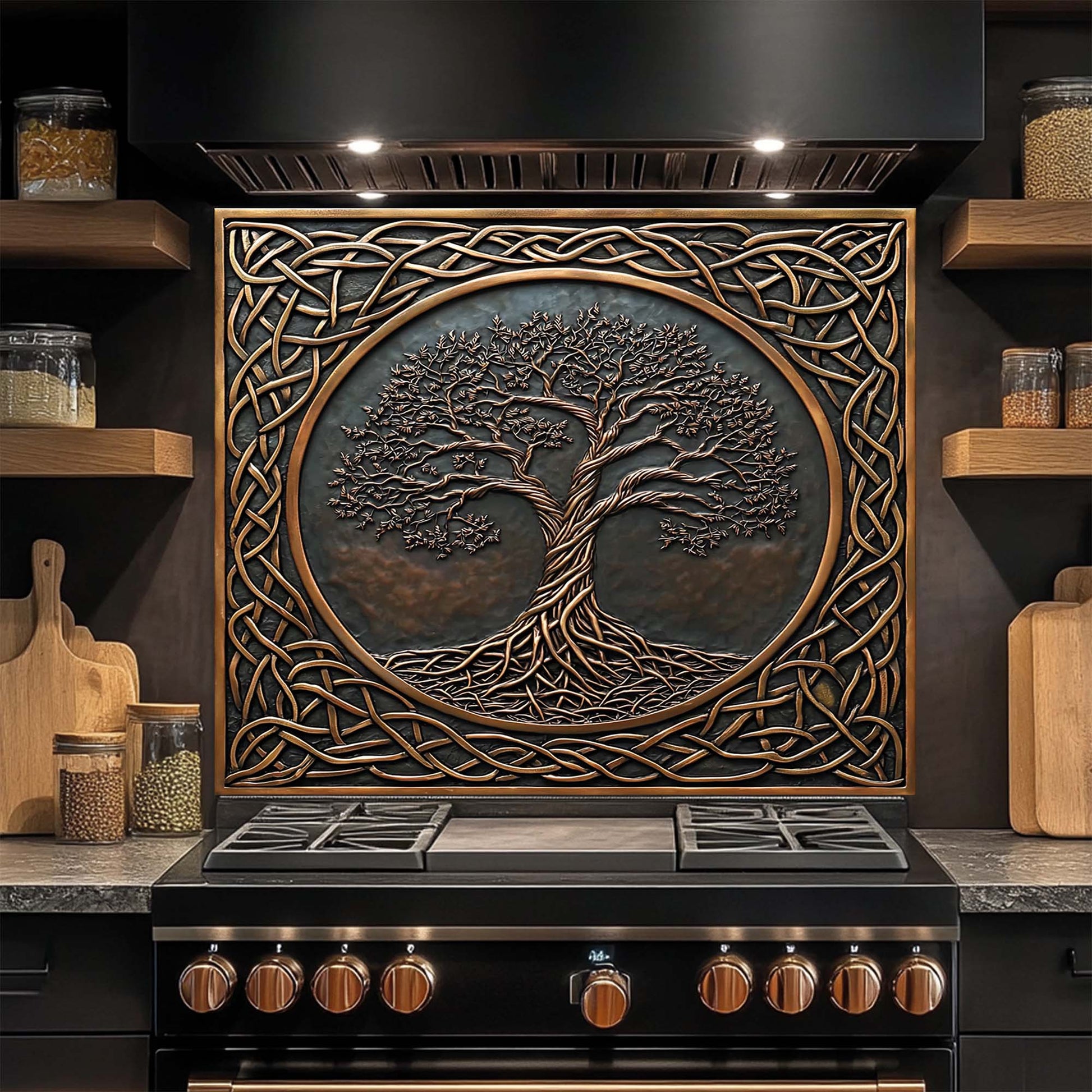 Decorative glass backsplash with a tree design above a stove in a kitchen setting.