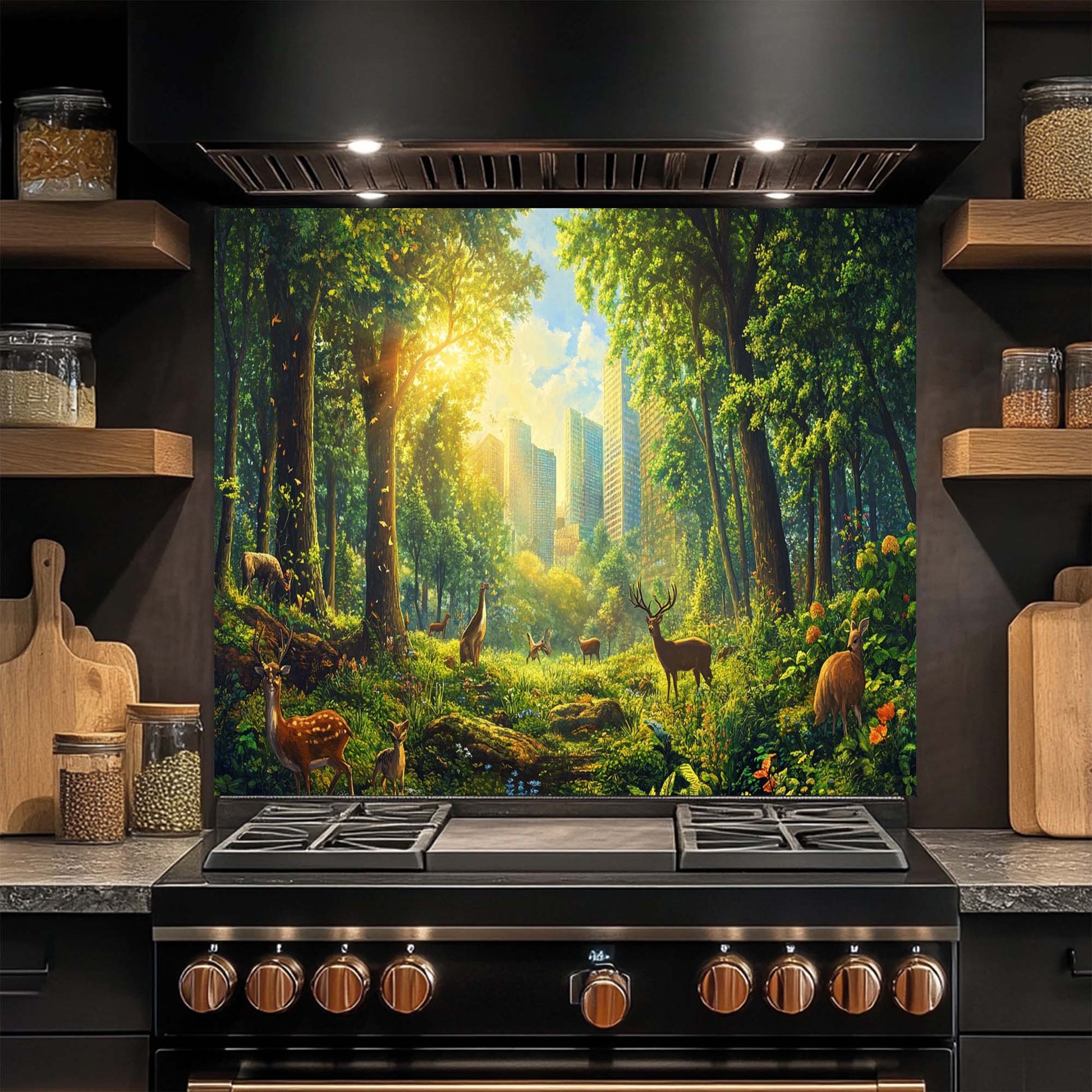 Kitchen stove with a forest glass backsplash on the backsplash