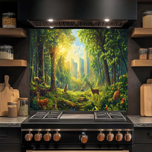 Kitchen stove with a forest glass backsplash on the backsplash
