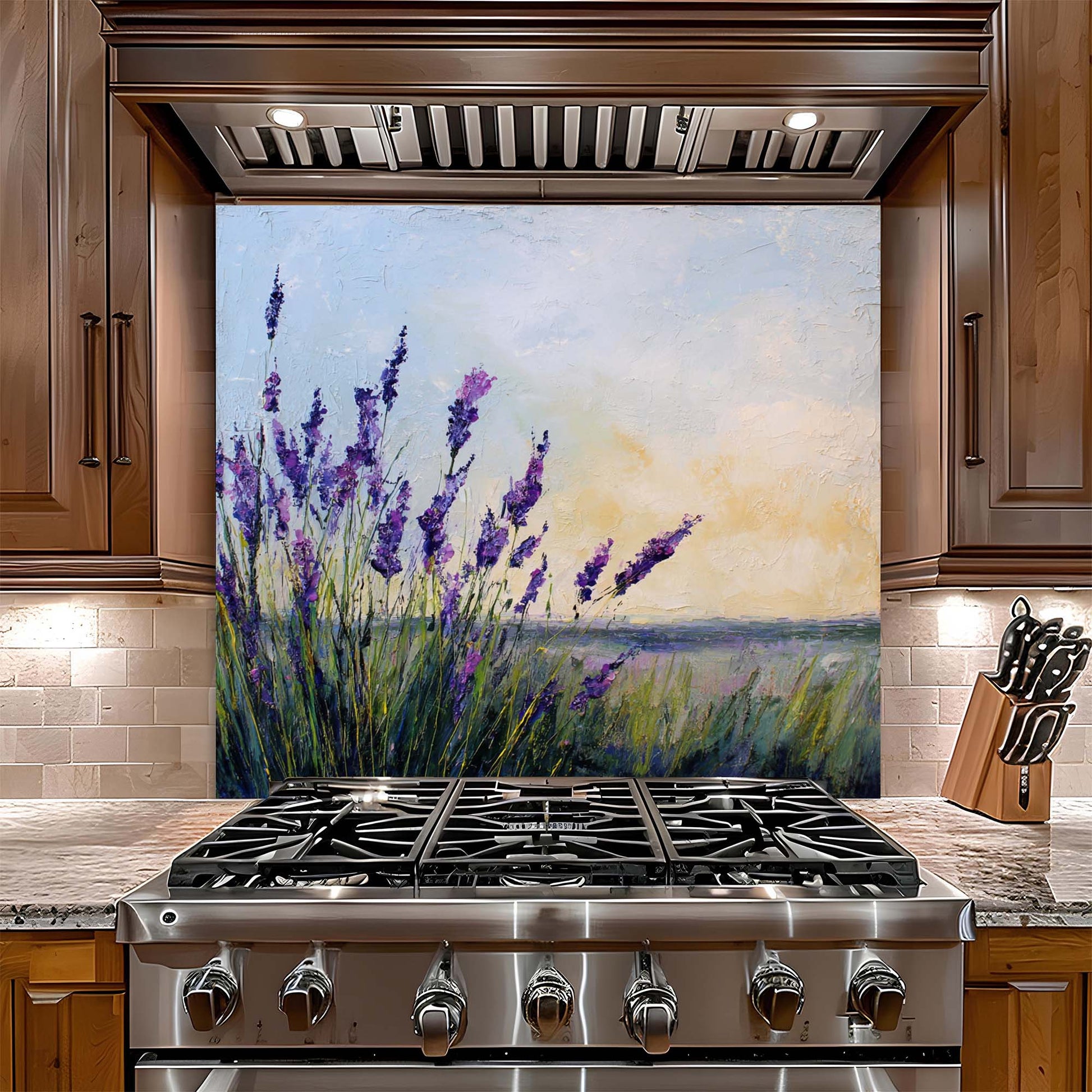 Stainless steel gas stove with a decorative backsplash featuring lavender flowers.