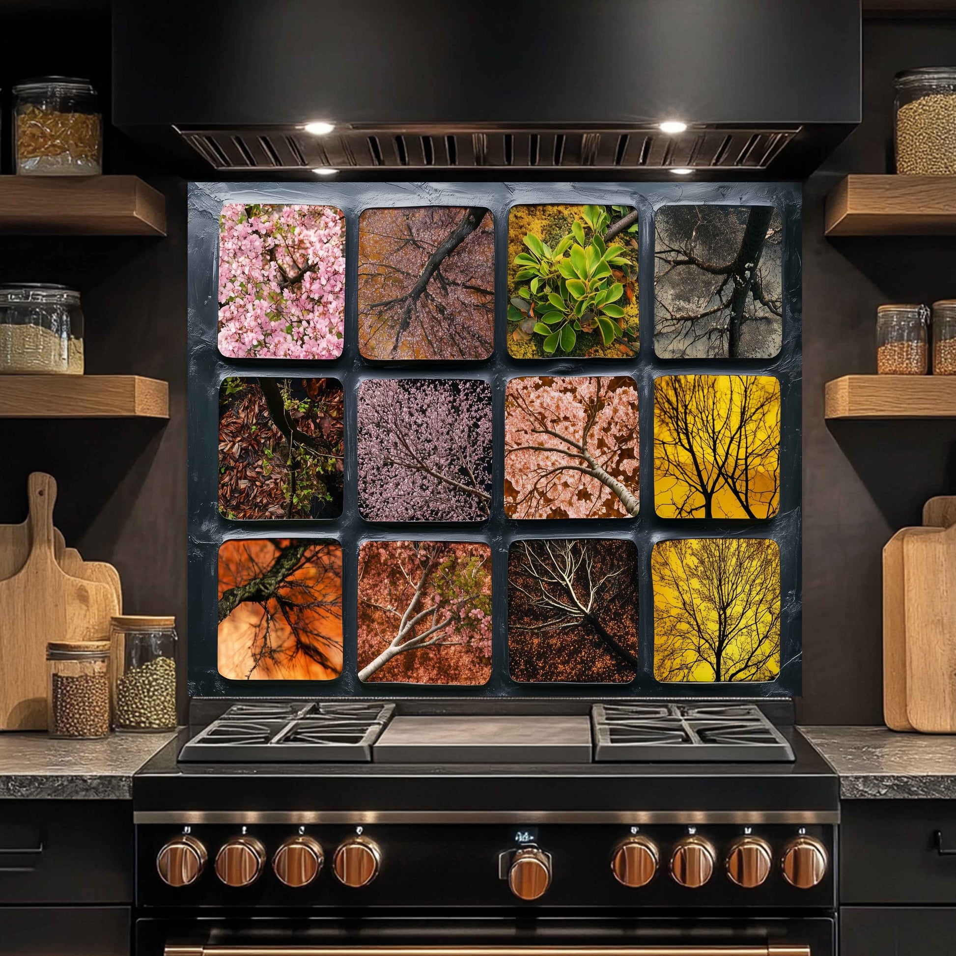 Stainless steel stove with decorative backsplash featuring nature-themed images in a modern kitchen.