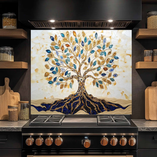 Decorative tile with a tree design above a stove in a kitchen setting.