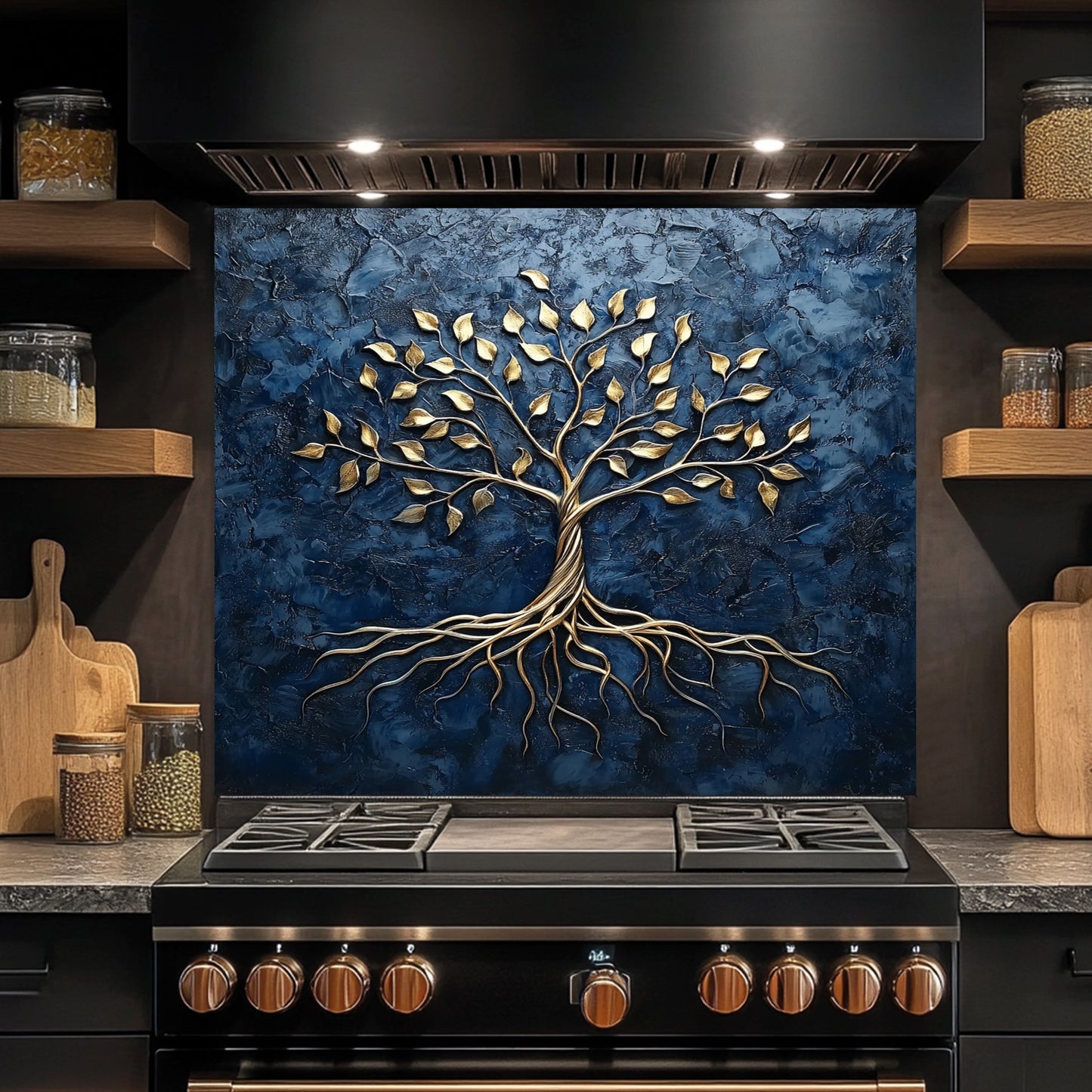 Stainless steel stove with decorative tree backsplash in a kitchen setting