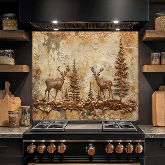 Rustic kitchen glass backsplash with two copper deer in forest. Durable tempered glass, heat-resistant & custom-sized.