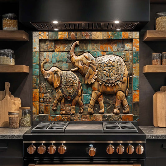 Decorative glass backsplash with elephant design above a stove in a kitchen.