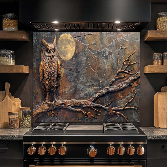 Kitchen stove with a decorative owl glass backsplash
