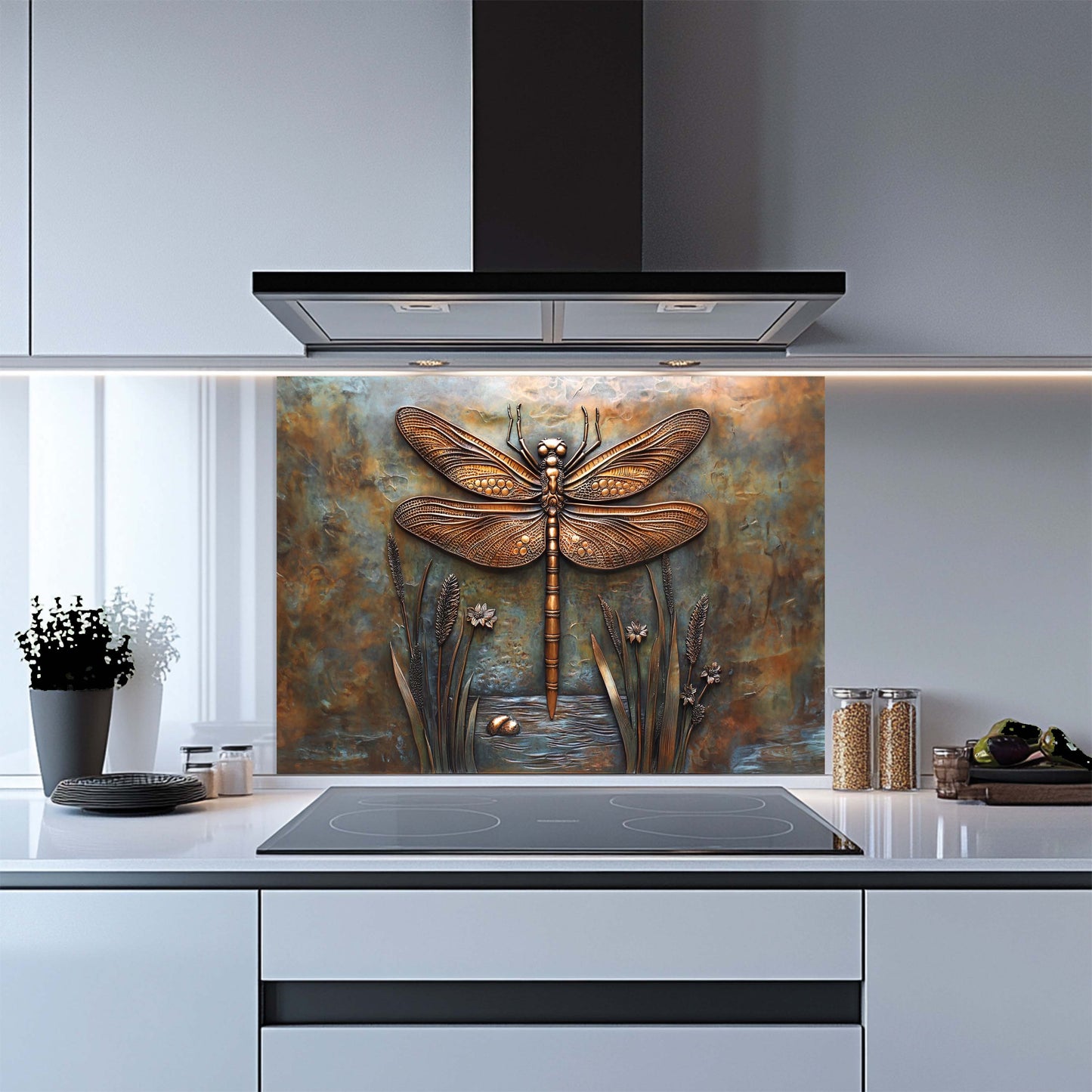 Kitchen with a decorative glass splashback featuring a dragonfly design.