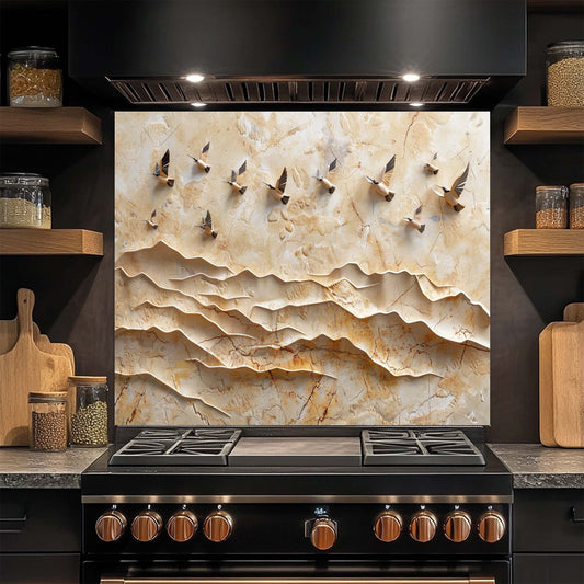 Modern kitchen with a decorative glass backsplash featuring wavy stone pattern and wooden shelves.