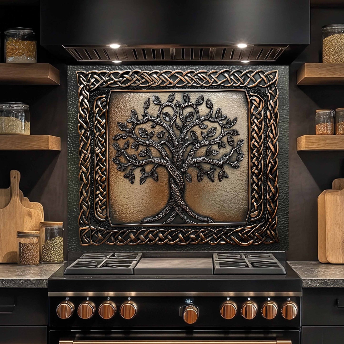 Decorative kitchen stove with tree of life design on a metallic background