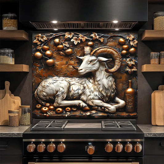 Decorative glass backsplash with a ram design above a stove in a kitchen.