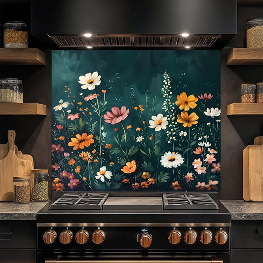Kitchen stove with a floral glass backsplash in a modern kitchen setting