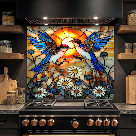 Decorative glass backsplash with birds and flowers above a stove in a kitchen.