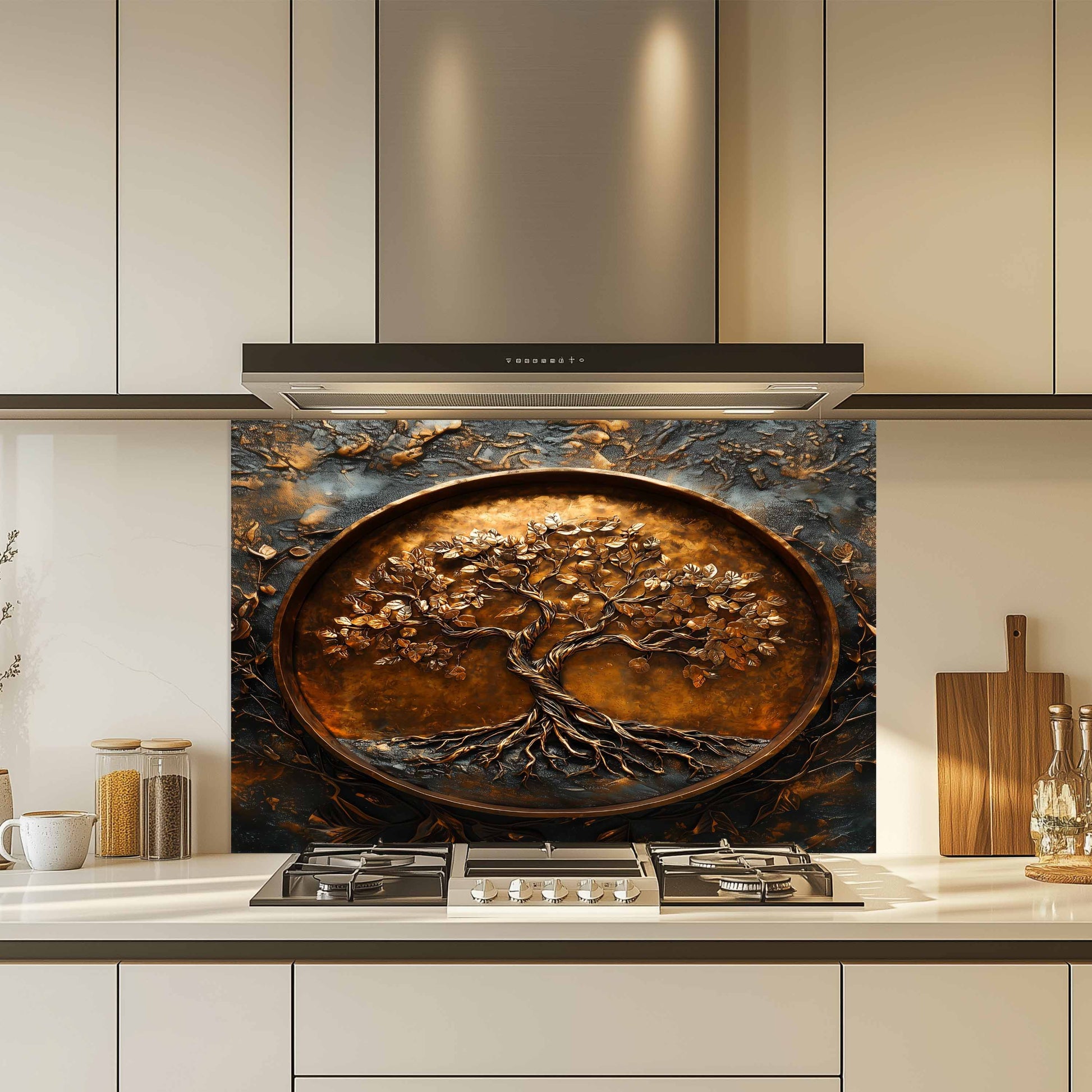 Decorative kitchen backsplash with tree design above a stove