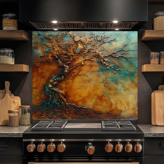 Kitchen stove with a decorative glass backsplash featuring brown, blue, and gold colors.