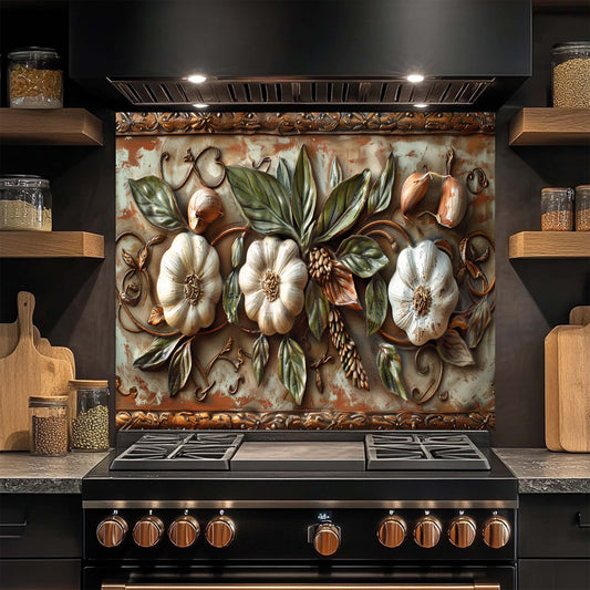 Decorative glass backsplash with pumpkins and leaves above a stove in a kitchen.