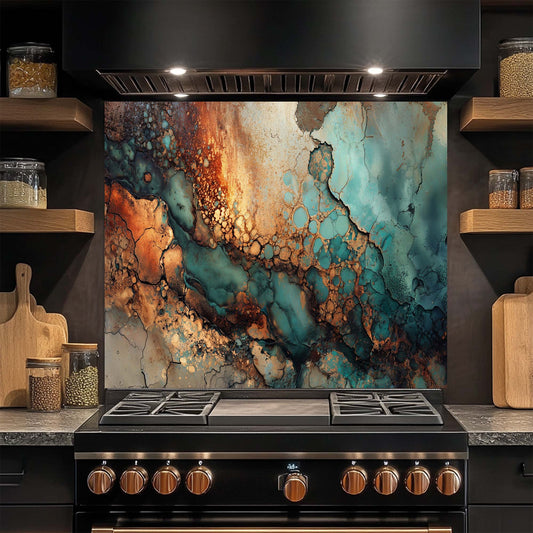 Tempered Glass Backsplash – Abstract Copper and Turquoise Texture with Metallic Finish, Modern Kitchen Decor