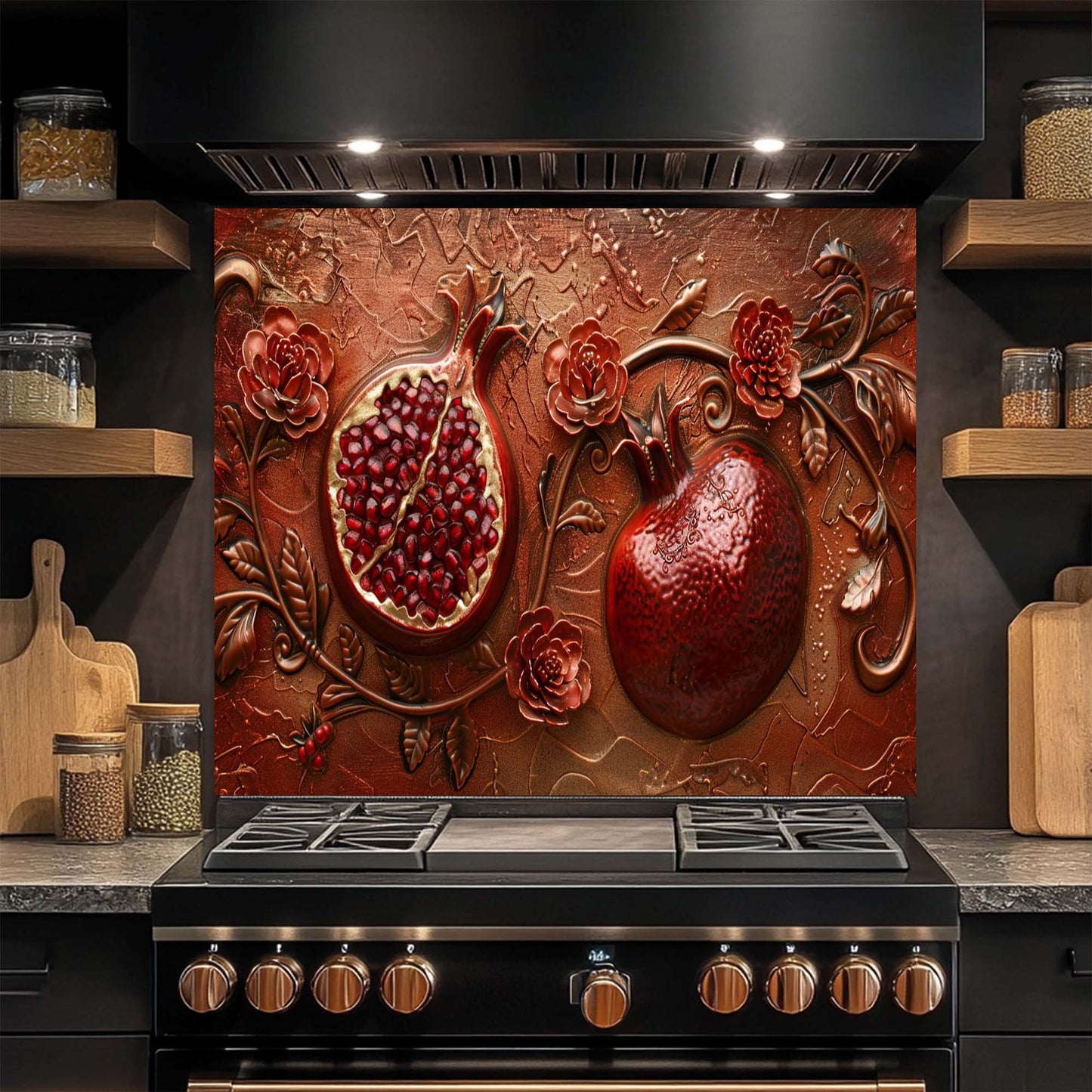Decorative glass backsplash with pomegranate design above a stove in a kitchen.