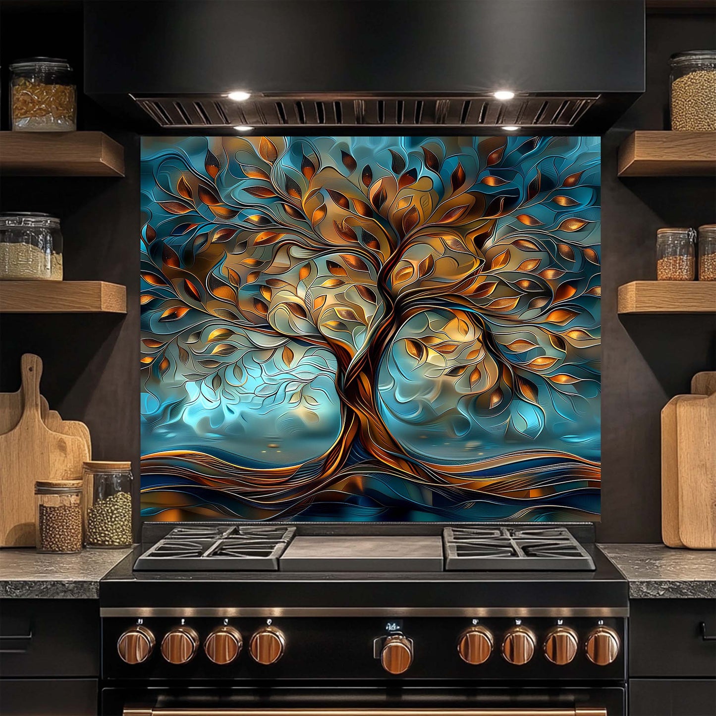 Decorative glass splashback with tree design in a kitchen setting