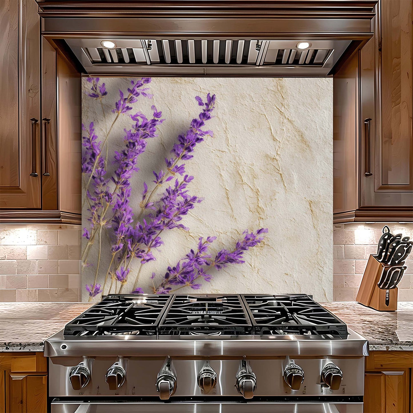 Stainless steel gas stove with decorative lavender glass backsplash in a kitchen setting