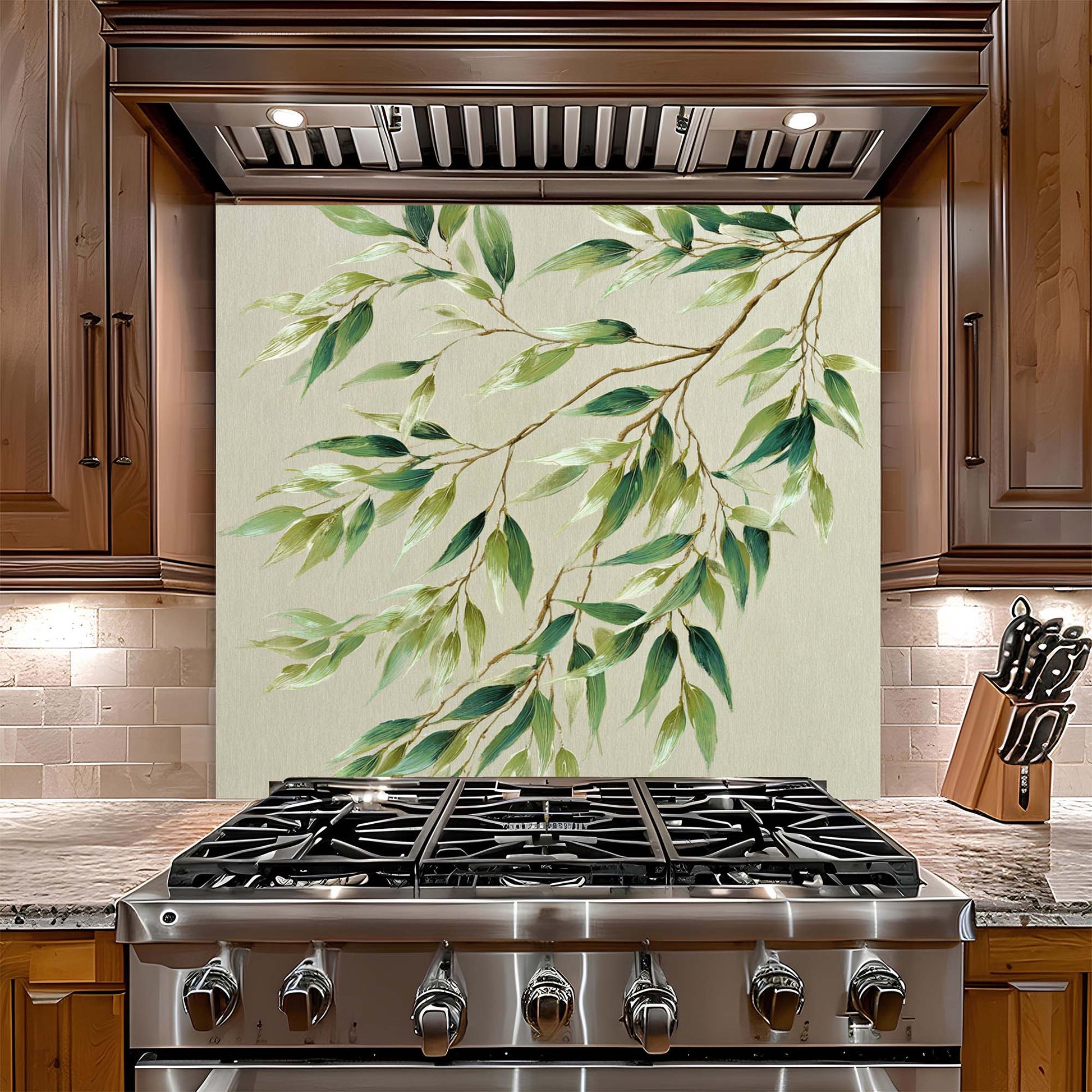 Stainless steel gas stove with decorative green leaf pattern backsplash on the wall behind it.