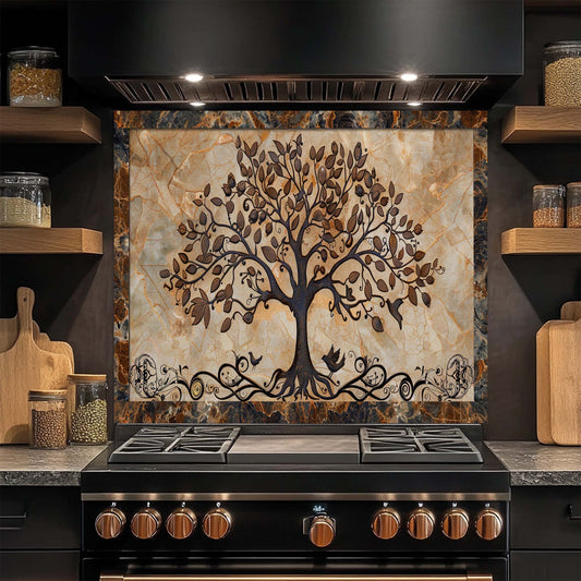 Kitchen stove with decorative glass backsplash featuring a tree design.