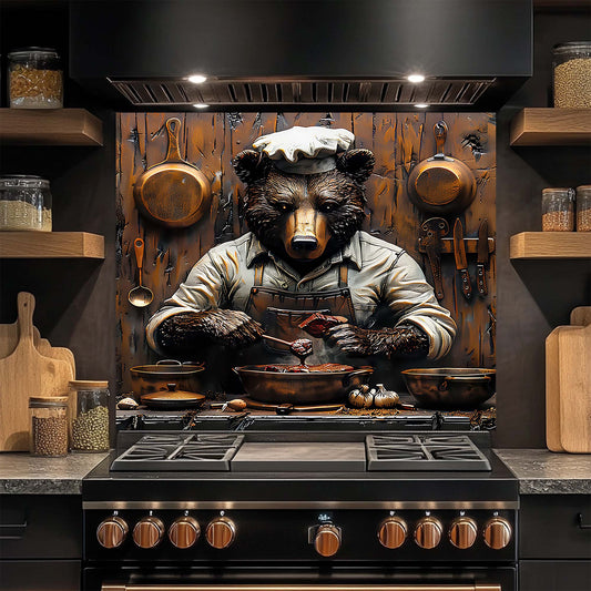 Bear character cooking in a kitchen with pots and pans design glass backsplash on a stove.