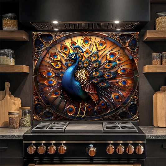 Decorative glass backsplash of a peacock on a kitchen stove