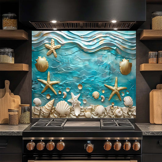 Kitchen stove with a decorative glass backsplash featuring starfish and shells.