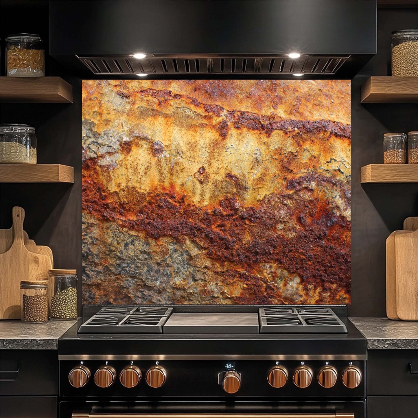 Stainless steel stove with rustic glass backsplash in a kitchen setting