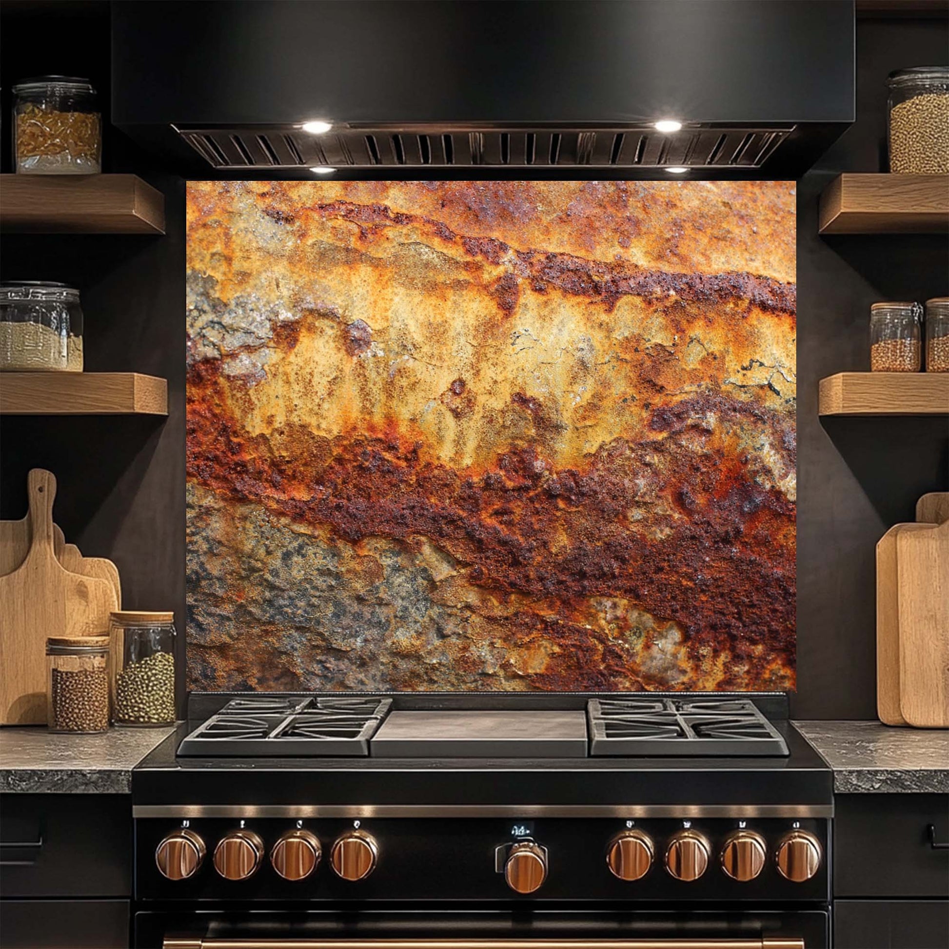 Stainless steel stove with rustic glass backsplash in a kitchen setting